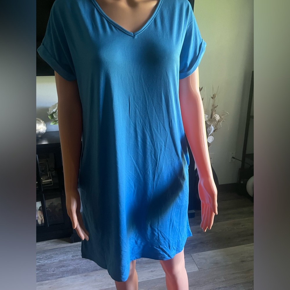 Chic Cap Sleeve V-Neck Blue Mini Dress - Picture 5 of 8